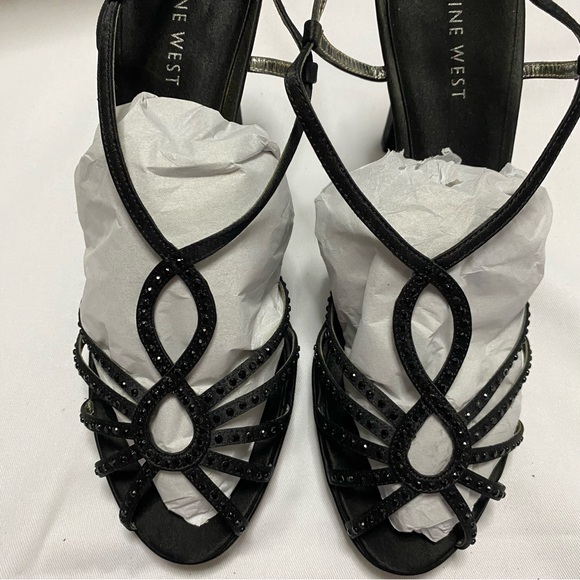 Nine West Black Strappy Open Toe High Heels with Black Rhinestones Size 9.5 - Picture 1 of 5